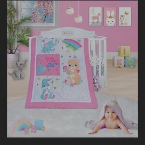 4 Pc Crib Set Pink Baby Animal Crib Quilt